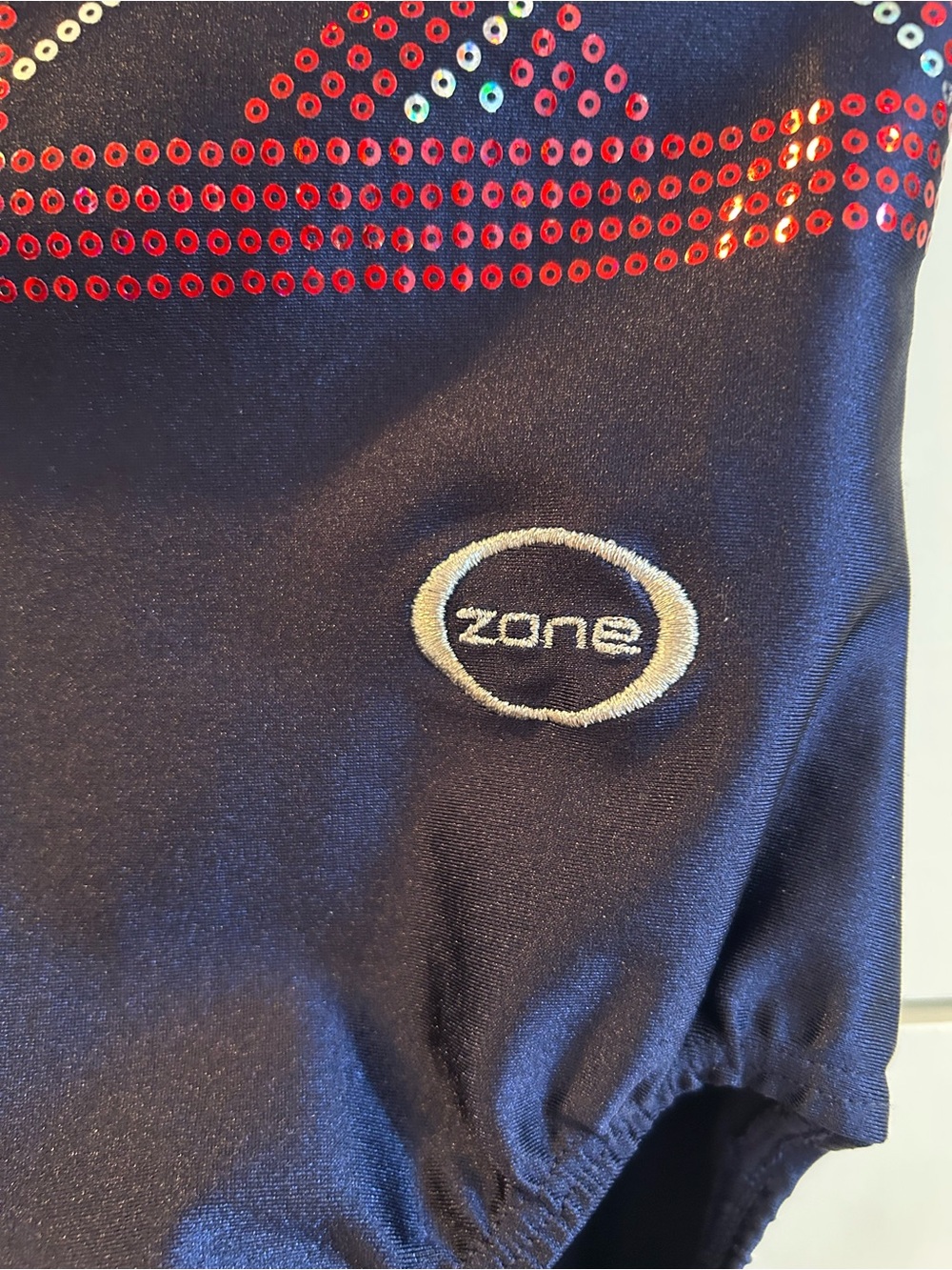 Zone Navy Leotard with Red & Silver Geometric Sequins - Adult Small - Picture 5 of 8